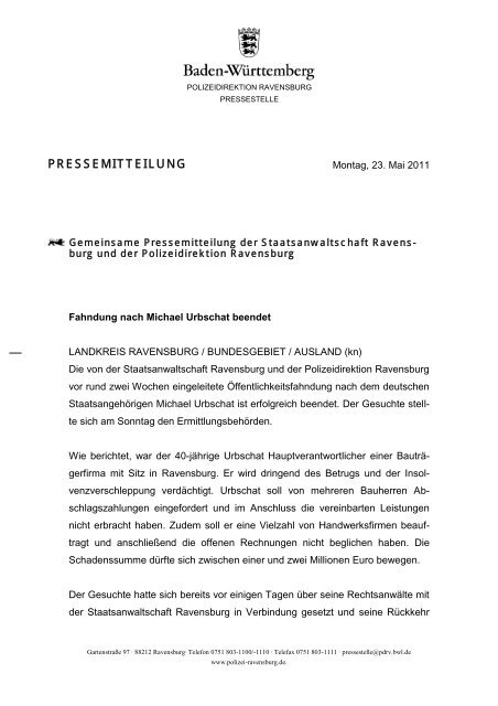 PRESSEMITTEILUNG - Polizeidirektion Ravensburg