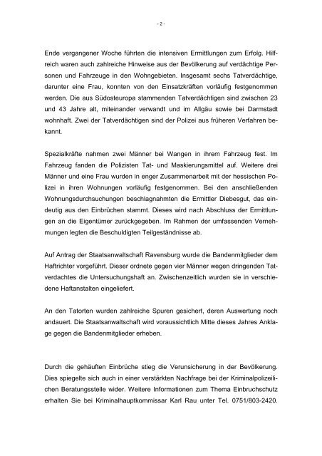 Gemeinsamer Pressebericht der Staatsanwaltschaft Ravensburg ...