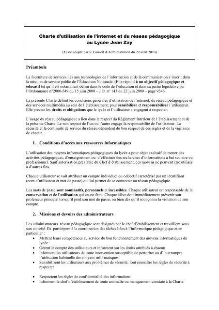 Charte informatique - LycÃ©e Jean Zay