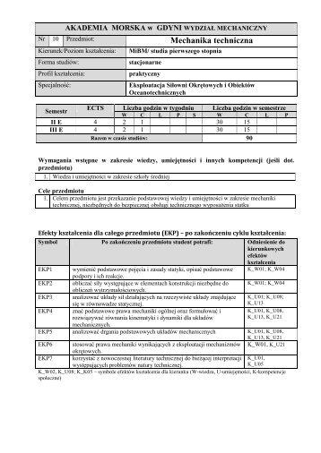 Mechanika techniczna* I, II - WydziaÅ Mechaniczny - Gdynia