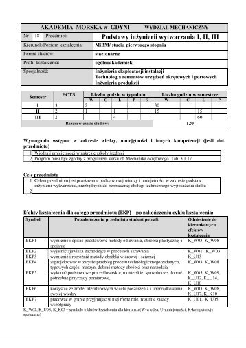 Podstawy inÅ¼ynierii wytwarzania I, II, III - WydziaÅ Mechaniczny