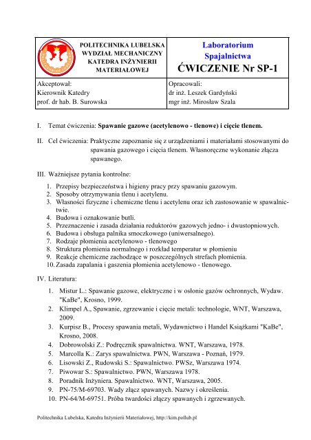 ĆWICZENIE Nr SP-1 - Katedra Inżynierii Materiałowej - Politechnika ...