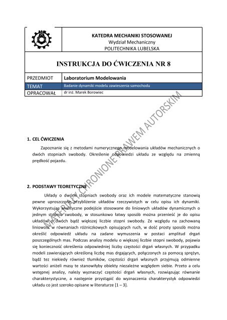 instrukcja do ćwiczenia nr 8 - Dr inż. Andrzej Mitura - Politechnika ...