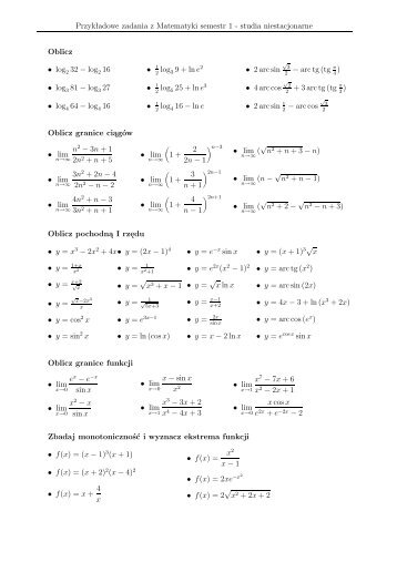 Przykładowe zadania z Matematyki semestr 1 - studia ...