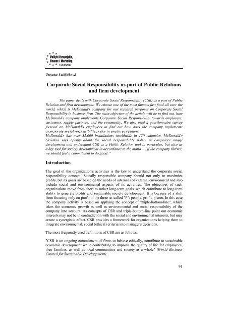 Corporate Social Responsibility as part of Public Relations and firm ...