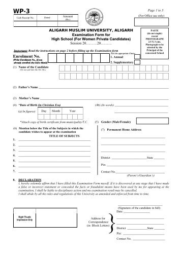Examination Form - High School, for Women Private Candidates