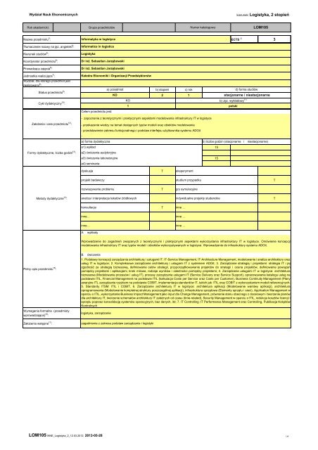 kierunek: Logistyka, 2 stopieÅ - WydziaÅ Nauk Ekonomicznych ...