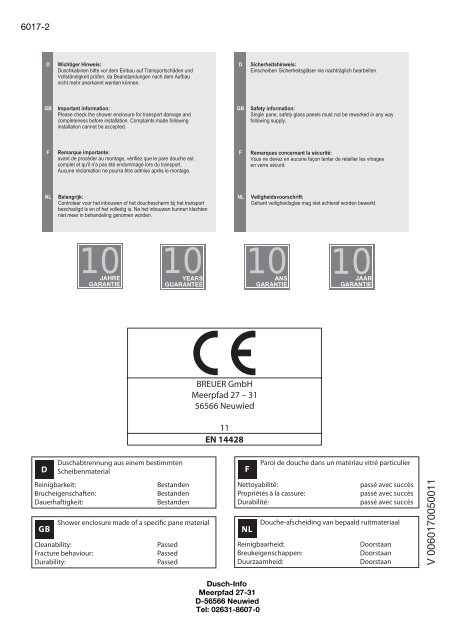 Instructions de montage Montagehandleiding Installation ... - Breuer