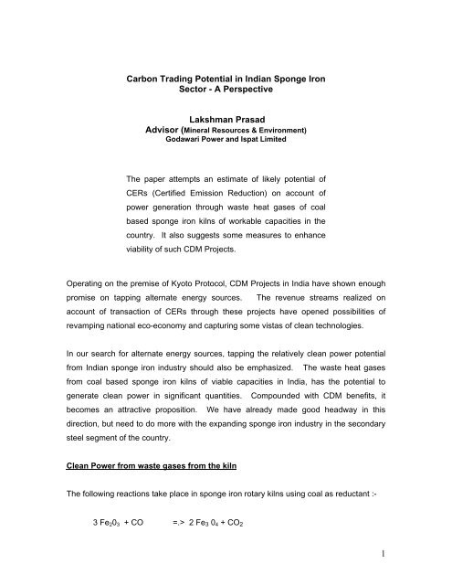 Carbon Trading Potential in Indian Sponge Iron Sector - A ...