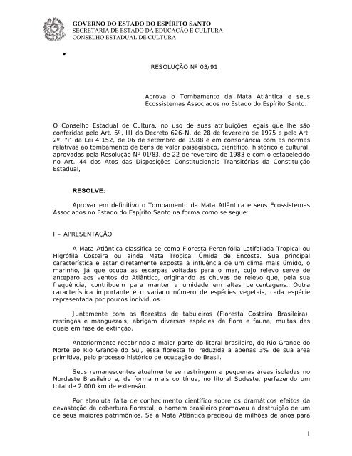 Resolucao CEC 03.91 Mata Atlantica - Secult - Governo do Estado ...