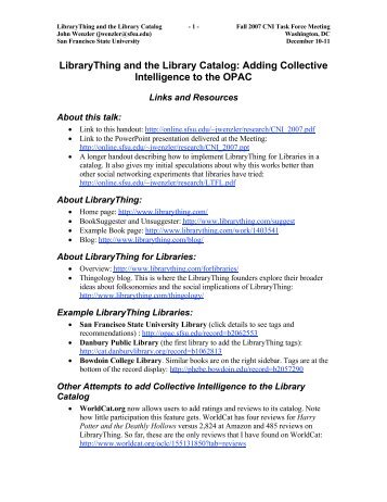 LibraryThing and the Library Catalog: Adding Collective ... - CNI