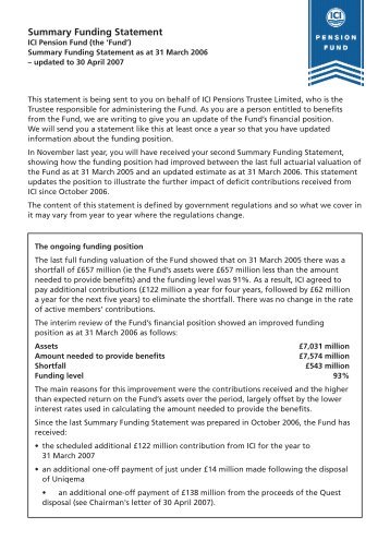 Summary Funding Statement – at 31 March 2006 - ICI Pension Fund