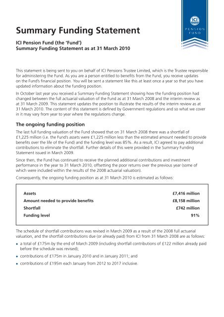 Summary Funding Statement – at 31 March 2010 - ICI Pension Fund