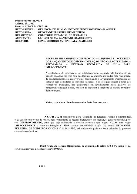 Processo nÂº0304812010-6 AcÃ³rdÃ£o 291/2012 Recurso HIE/CRF ...