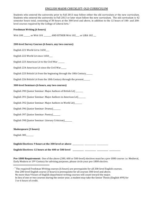 english major checklist: old curriculum - Department of English