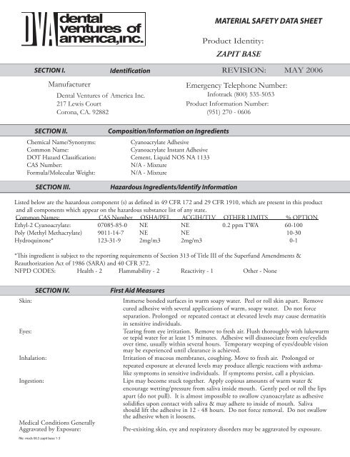 Material Safety Data Sheets - Dental Ventures