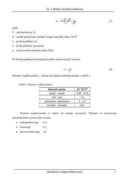 Badanie rezystancji zestykowej - Katedra Urządzeń Elektrycznych i ...