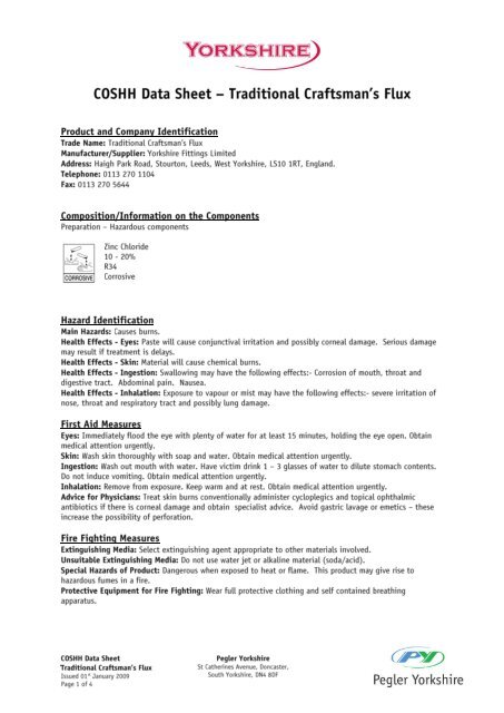 COSHH Data Sheet â Traditional Craftsman's Flux - Pegler Yorkshire