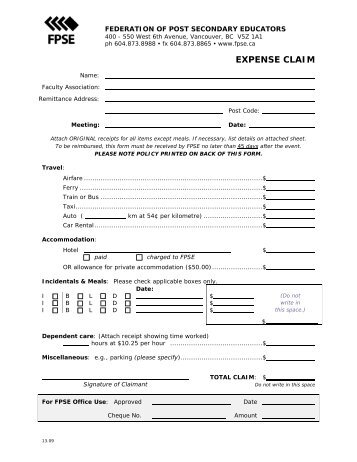 FPSE Expense Claim Form - Federation of Post-Secondary ...