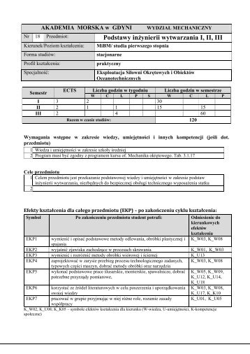 Podst. inÅ¼ynierii wytwarzania* I, II, III1 - WydziaÅ Mechaniczny - Gdynia