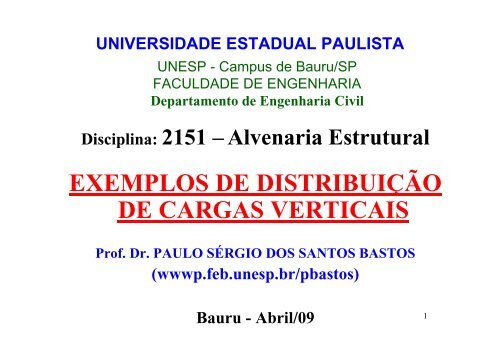 EXEMPLOS DE DISTRIBUIÃÃO DE CARGAS VERTICAIS - Unesp