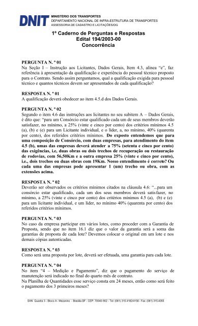 1Âº Caderno de Perguntas e Respostas - DNIT