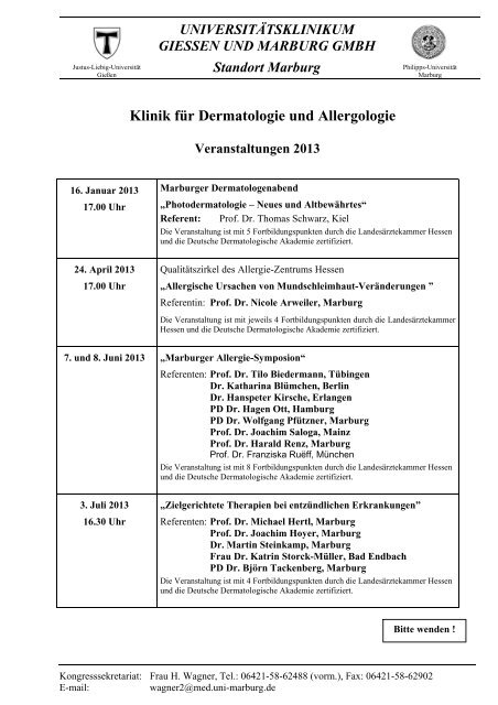 Klinik für Dermatologie und Allergologie, Veranstaltungen 2013 - 2014