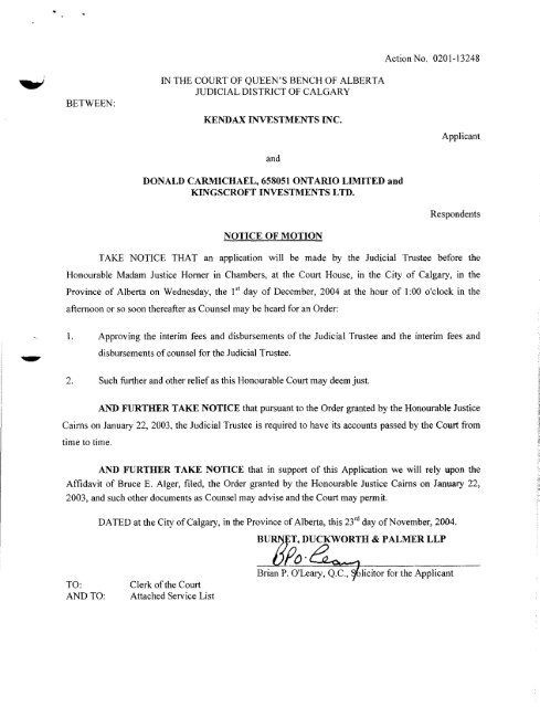 Notice of Motion returnable December 1, 2004, for an Order ...