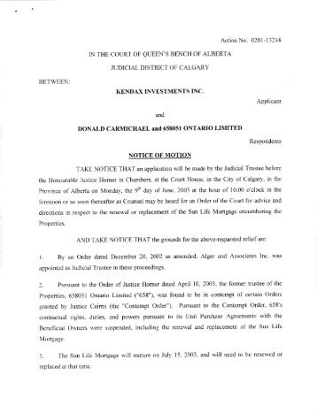 Notice of Motion returnable June 9, 2003 for an Order for advice and ...