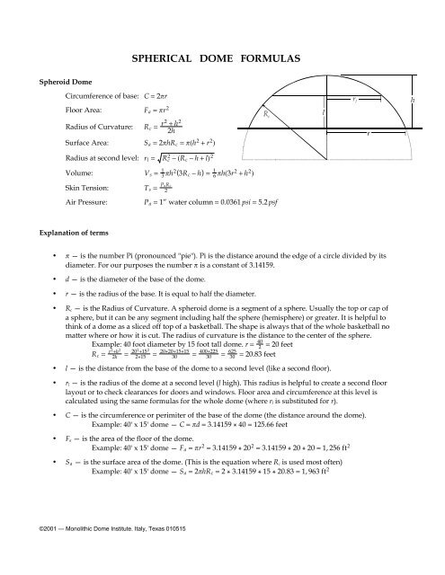 Spherical Dome Formulas - Monolithic