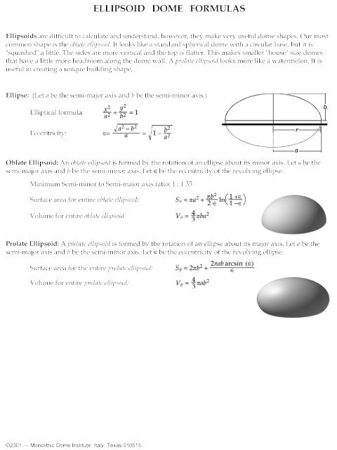 Spherical Dome Formulas - Monolithic