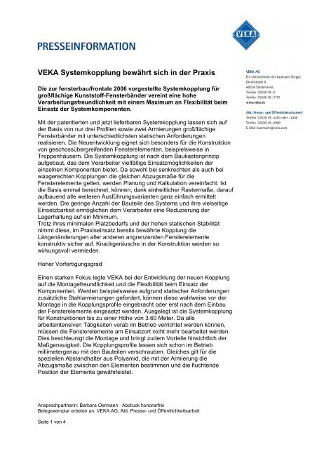 VEKA Systemkopplung bewÃ¤hrt sich in der Praxis - Veka AG.