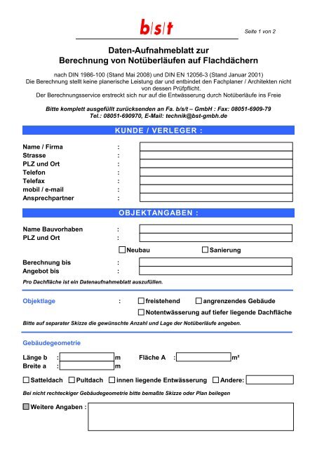 Daten-Aufnahmeblatt zur Berechnung der NotÃ¼berlÃ¤ufe - b/s/t-GmbH