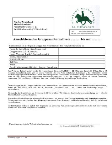 Anmeldeformular zum Gruppenaufenthalt - Ponyhof Neuholland