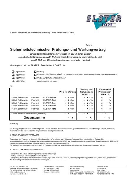 Vorlage Wartungsvertrag | PDF-Datei - ELSTER-Tore
