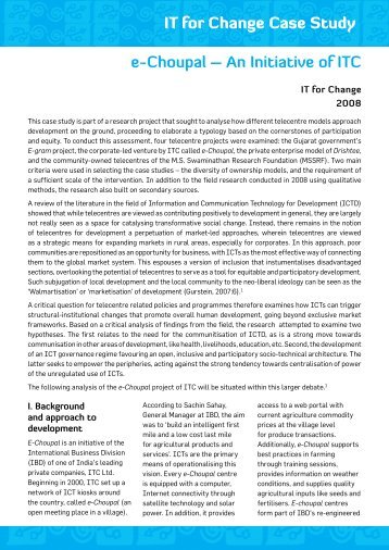 itc e choupal case study Through its tobacco business, itc has worked in indian agriculture for decades, from research to procurement to distribution itc’s translation of the. itc e choupal case study Through its tobacco business, itc has worked in indian agriculture for decades, from research to procurement to distribution itc’s translation of the.