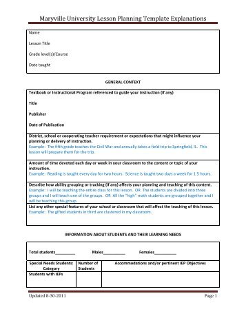 Maryville University Lesson Planning Template Explanations