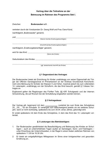 Betreuungsvertrag "offene Ganztagsschuleâ (Entwurf) - Budenzauber