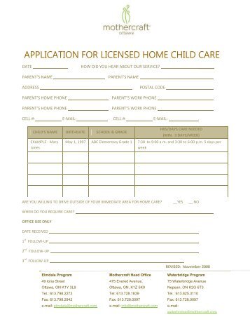 APPLICATION FOR LICENSED HOME CHILD CARE - Mothercraft