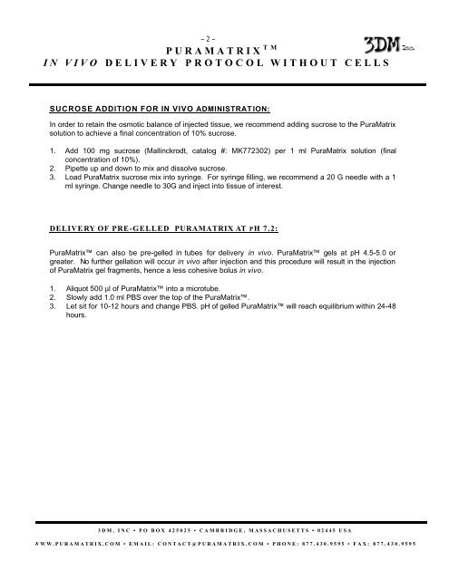 puramatrix in vivo delivery protocol with and without cells - 3DM Inc.
