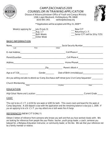 camp zacchaeus 2009 counselor in training application - Diocese of ...