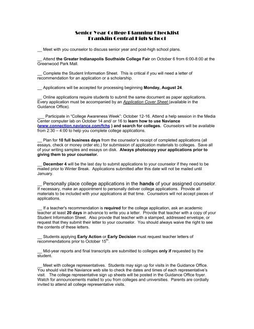Senior Year College Planning Checklist Franklin Central High ...