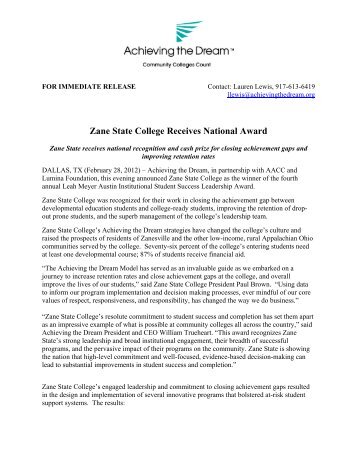 Zane State College Receives National Award - Achieving the Dream