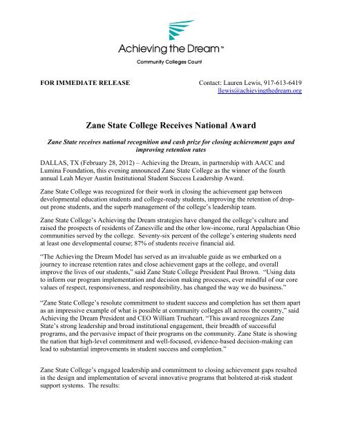 Zane State College Receives National Award - Achieving the Dream