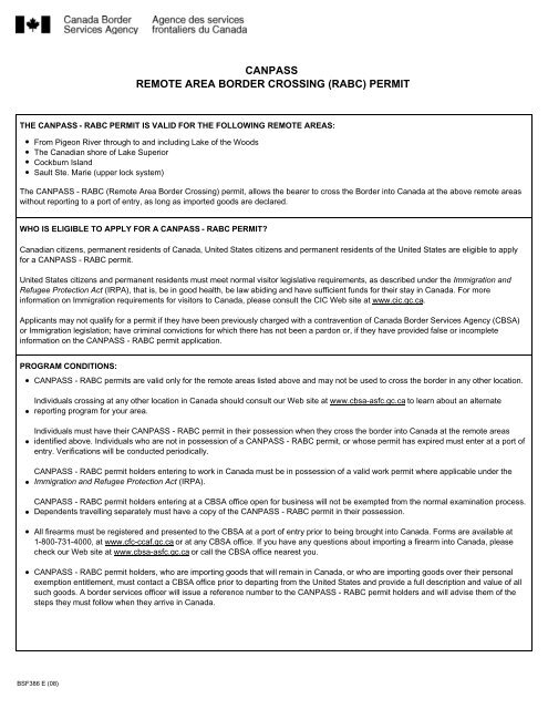 BSF386 CANPASS Remote Area Border Crossing RABC Permit