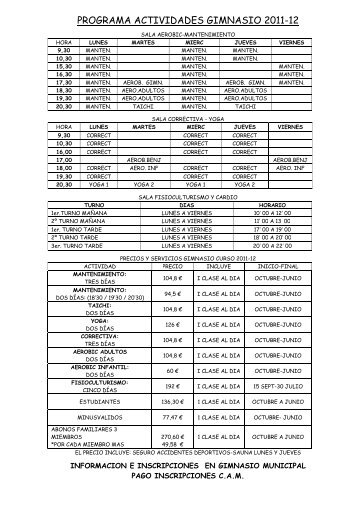 Precios y Servicios Gimnasio Municipal y Piscina Municipal 2011