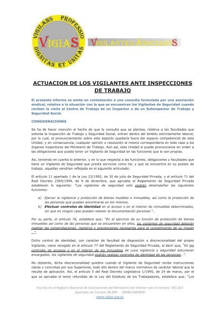 ACTUACION DE LOS VIGILANTES ANTE INSPECCIONES ... - VigiaS