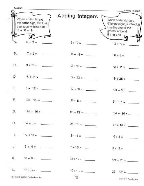 Adding Integers & Subtracting Integers worksheet - Mrs. Johnson 