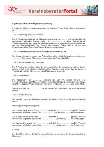 Ergebnisprotokoll der Mitgliederversammlung - lsb h-Vereinsberater