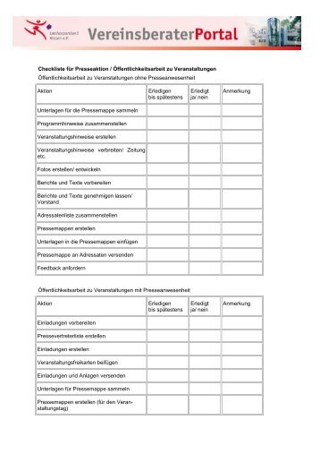 Checkliste für Presseaktion / Öffentlichkeitsarbeit zu ...